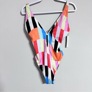 Sanctuary Pink Orange One Piece Swimsuit Plunging V-Neckline Cutout Large 4074